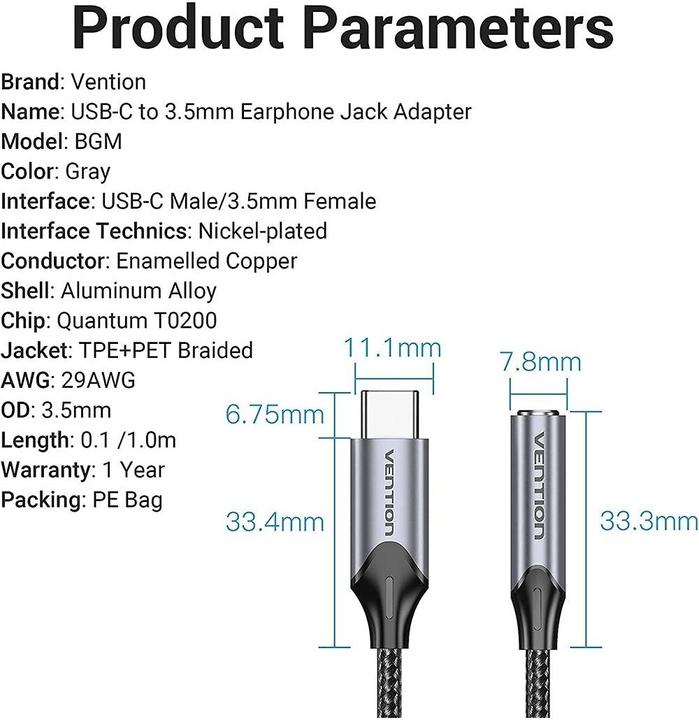 Actual product image Vention USB-C Male to 3.5MM Earphone Jack With DAC Adapter 0.1M Gray Aluminum Alloy Type (0.10 m, Device-specific)