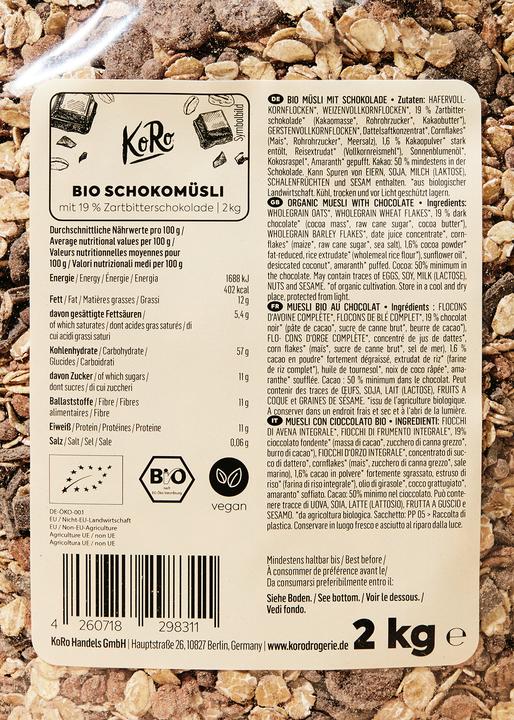 Nutritional values and ingredients KoRo Organic muesli with chocolate (2000 g)