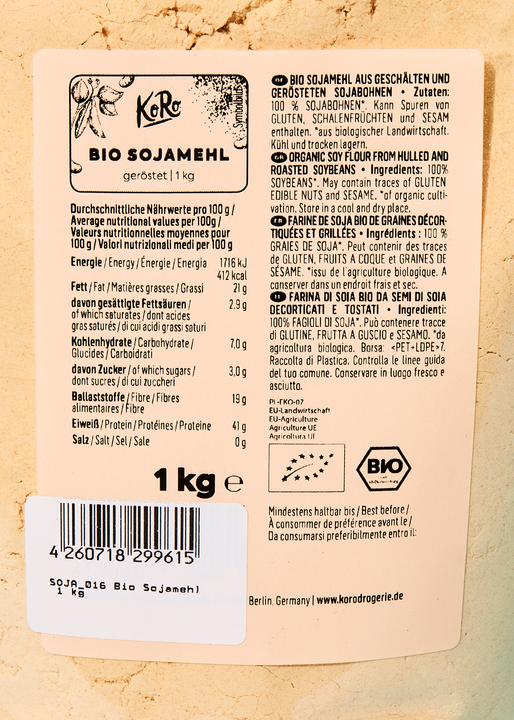 Valori nutrizionali e ingredienti KoRo Farina di soia biologica ottenuta da semi di soia decorticati e tostati (1000 g)