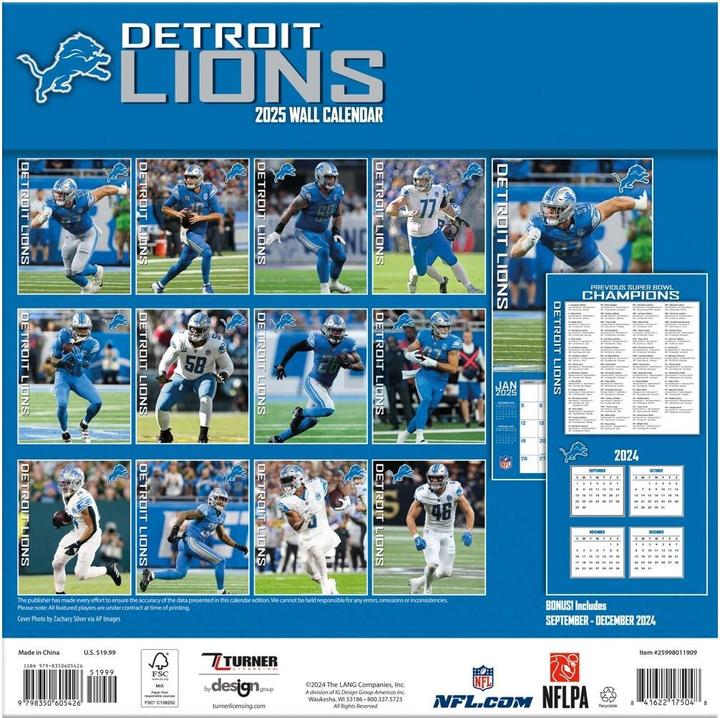 Immagine prodotto NFL - Detroit Lions - Calendario da parete della squadra 2025 30,5 x 30,5 cm (30,5 x 30,5 cm, Francese, Italiano, Spagnolo, Tedesco, Inglese)