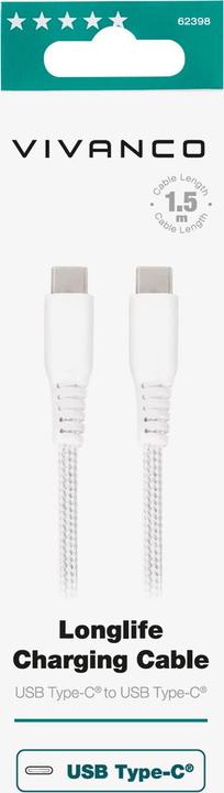 Produktbild Vivanco kabelis USB-C – USB-C LongLife Charging 1,5 m, baltas (62398) (1.50 m, USB 3.2 Gen 2)