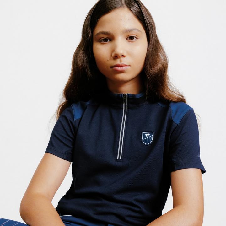 Immagine prodotto Fouganza Polo da equitazione per bambini con zip e manica corta - 500 blu scuro (122)