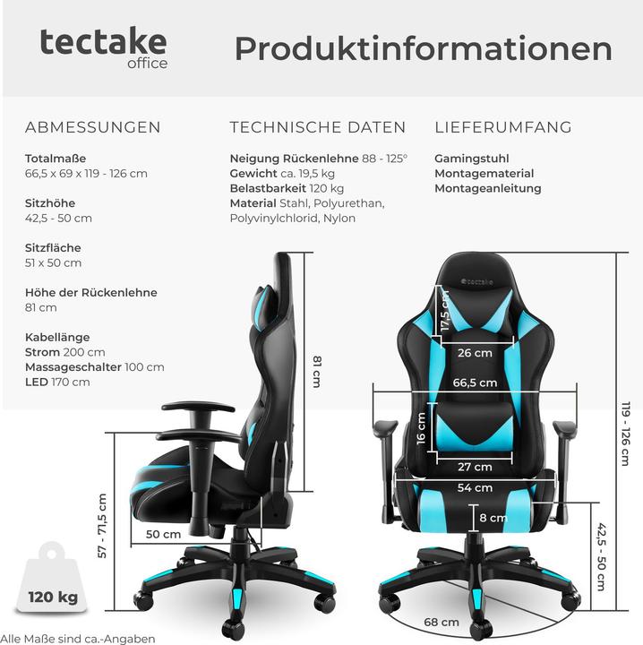 Immagine prodotto tectake Sedia da gioco Tartaros, LED, funzione massaggio