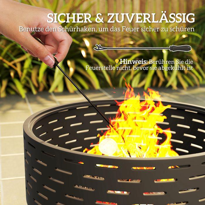 Produktbild Swisshandel24 3in1 Feuerschale Ø60x39cm Edelstahl Grillrost Schürhaken Funkenschutz Holzoptik Kohlegrau (60 cm)