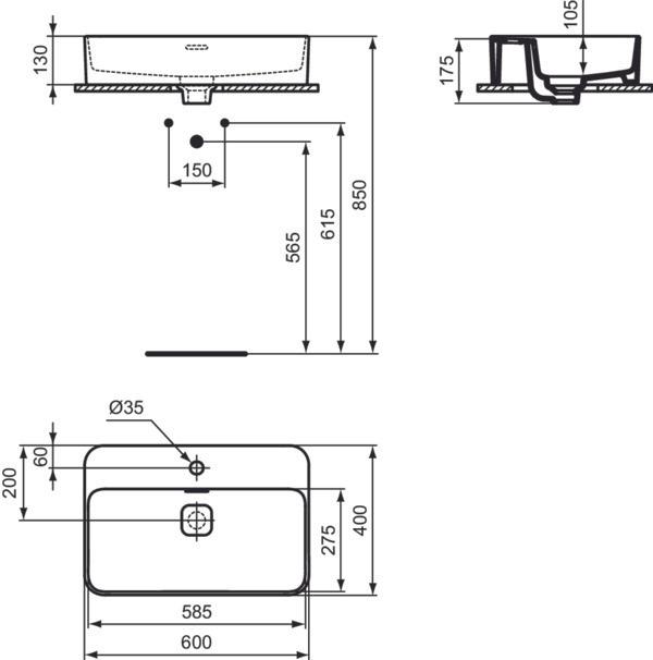Produktbild Ideal Standard IDS Aufsatzwaschtisch STRADA II m ÜL m HL 600x400x175mm weiss I+ (600 mm, 410 mm)