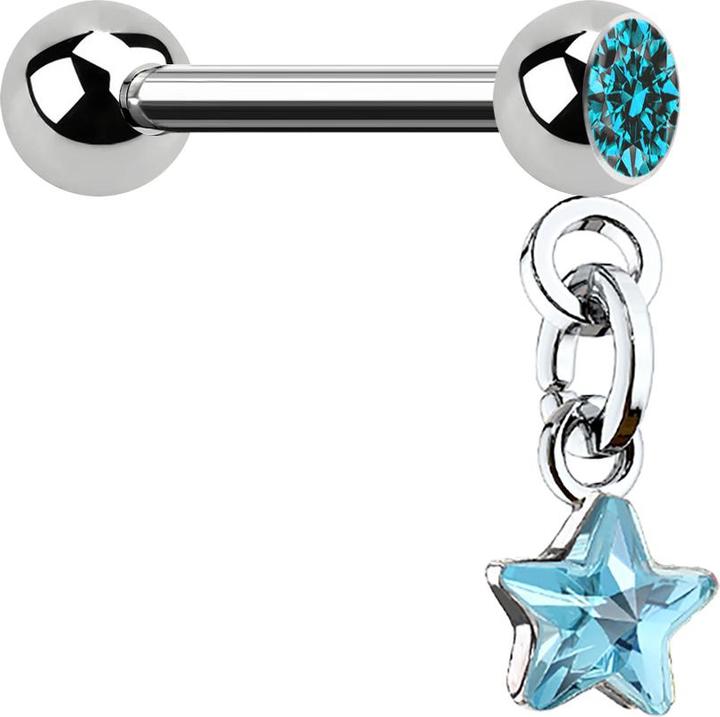Produktbild Star Piercing Micro Barbell silber mit Kugel und Anhänger Kristallstern aqua (Chirurgenstahl 316L, Messing)