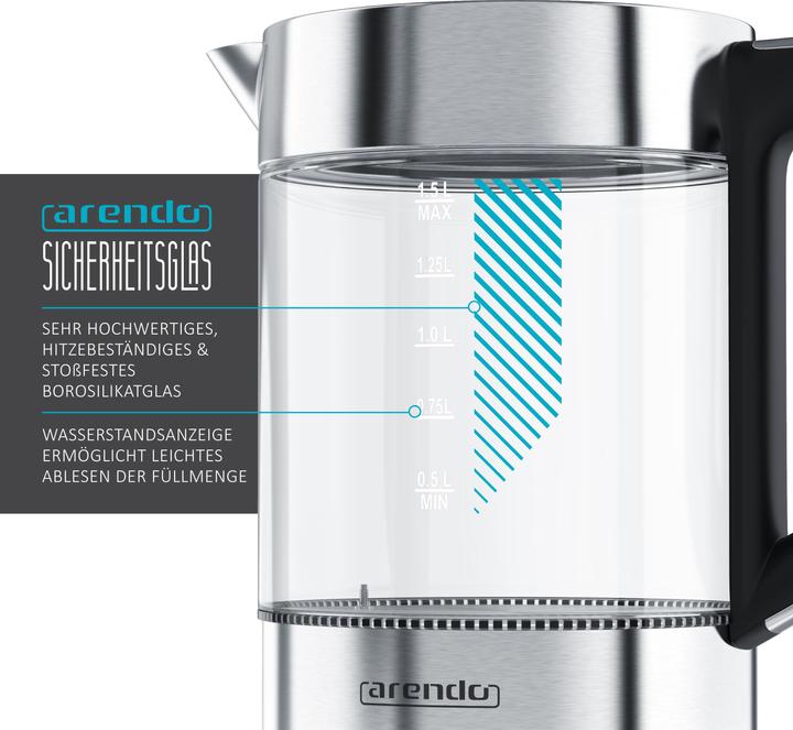 Actual product image Arendo Kettle 1.5 l, 2200 W, stainless steel & glass with base station, temperature setting 70° C - 100° C (1.50 l)