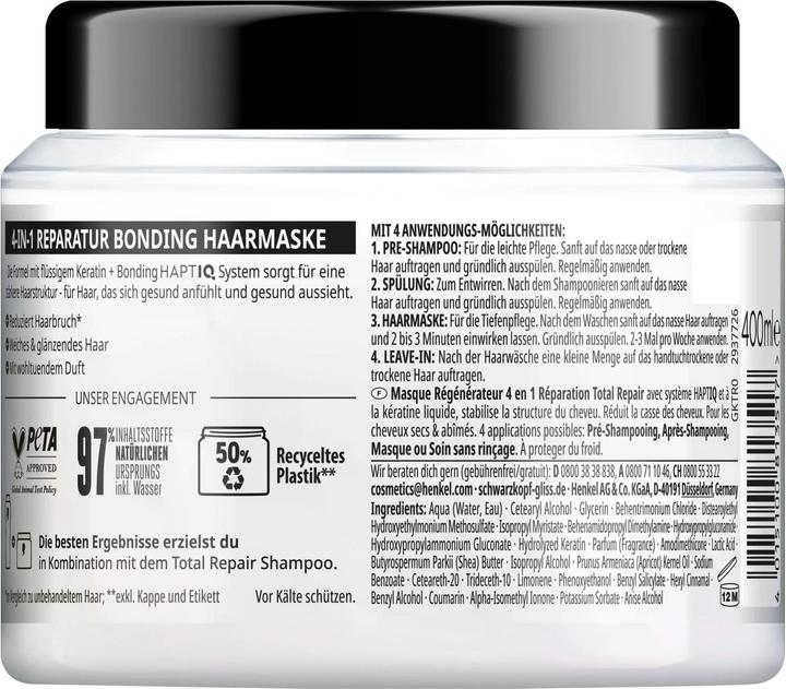 Produktbild Gliss 4-in-1 Bonding Haarmaske Total Repair Reparatur 400ml (400 ml)