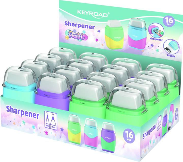 Keyroad plastic sharpener with eraser, pastel, double, box, mixed colours