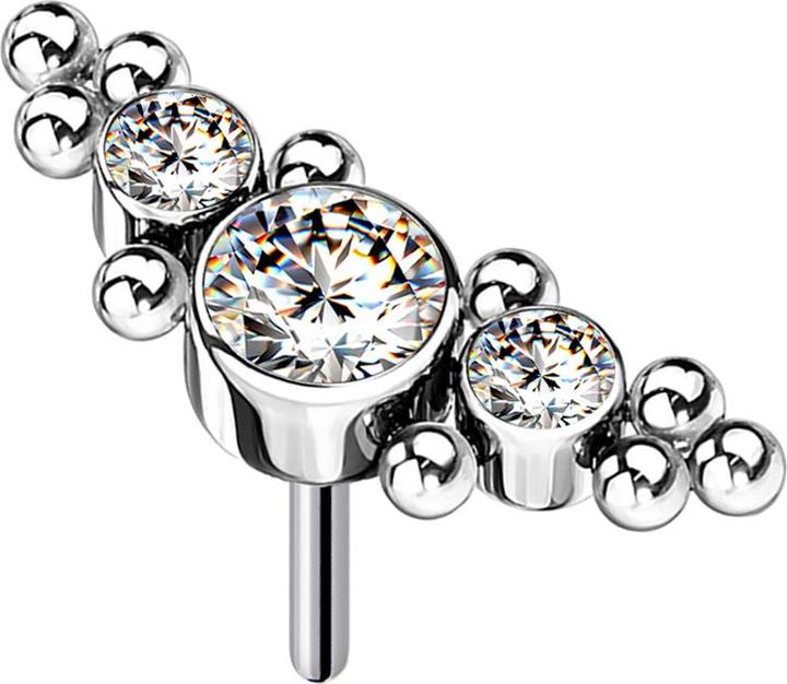 Produktbild Star Piercing Threadless silber mittig mit Kugeln und drei Kristalle silber (ohne Messing, Titan G23)