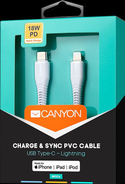 Image du produit Canyon MFI-4 Type C Cable To MFI Lightning for Apple, PVC Mouling,Function : with full feature( data (1.20 m, USB 3.0)