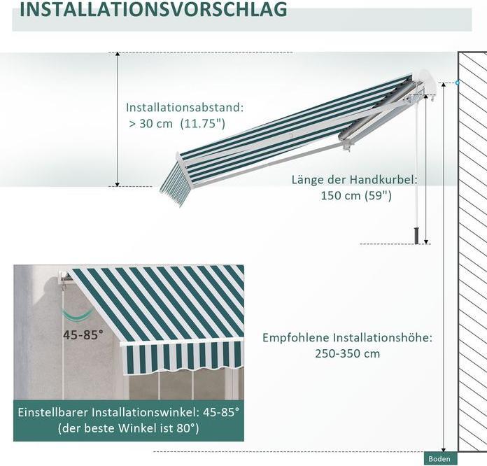 Produktbild Swisshandel24 Gelenkarmmarkise 4m mit Handkurbel Alu Weiss+Grün 395x245 cm (2.45 m)