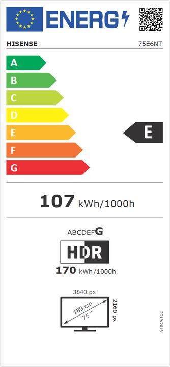 Energy Label Hisense TV 75E6NT (189 cm (75 Zoll), schwarz, UltraHD/4K, HDR, Triple Tuner) (75", LED, 4K)
