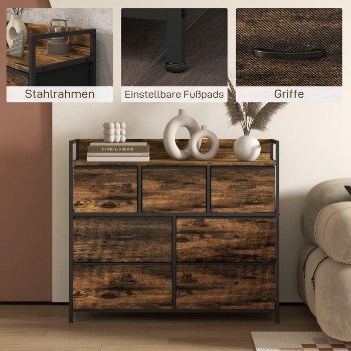 Produktbild Swisshandel24 Kommode, Sideboard mit 7 Stoffschubladen, Industrial Design, Stahlrahmen, 98x29x85cm, Braun/Schwarz