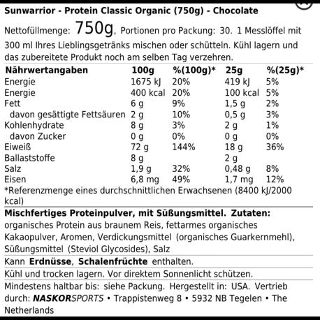 Nährwerte und Zutaten Sunwarrior Protein Classic Organic (Chocolate, 1 Stk., 750 g)