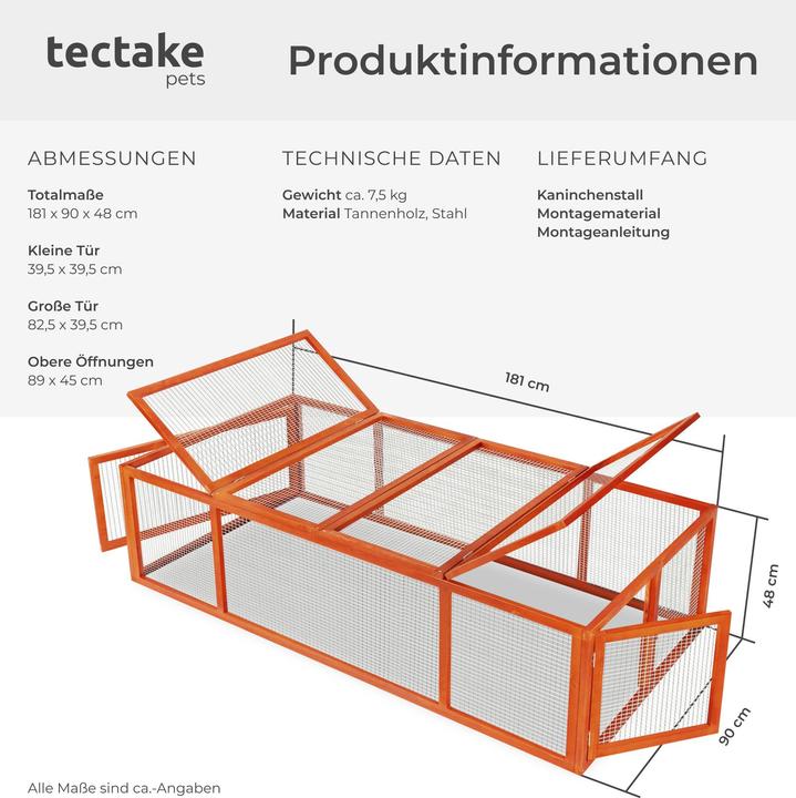 Produktbild tectake Kaninchenstall mit 4 Türen 181x90x48cm