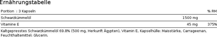 Nährwerte und Zutaten Phytopharma Schwarzkümmelöl (1 Stück, Kapseln, 160 g)