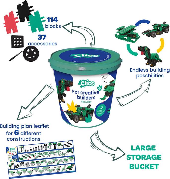 Actual product image Clics Box Dino 150 pieces kit with accessories and stickers from 6 years