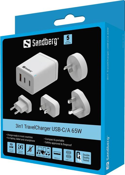 Produktbild Sandberg 3in1 TravelCharger USB-C/A 65W (65 W)