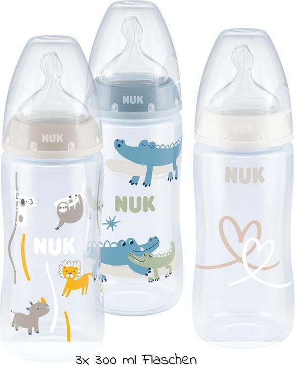 Produktbild NUK First Choice+ 3er-Flaschen-Set mit Temperature Control, 300ml, 0-6 Monate, beige, blau, weiss (300 ml)
