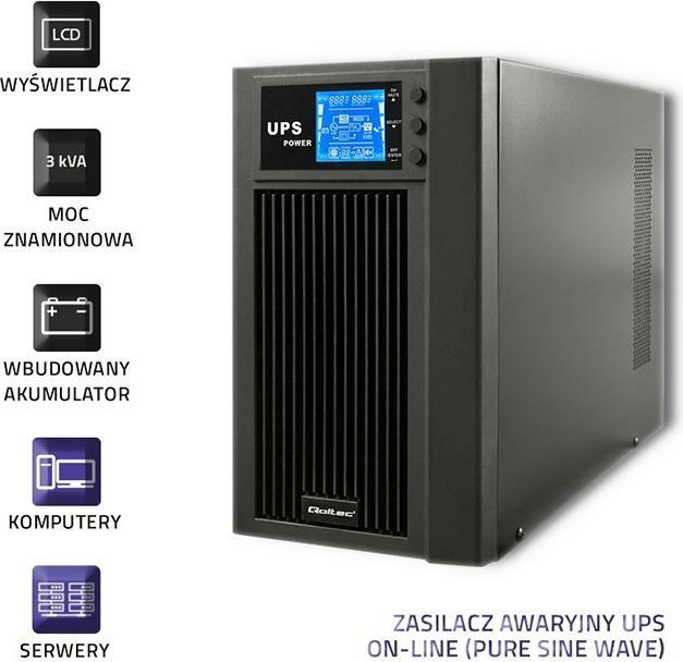 Immagine prodotto Qoltec Onda sinusoidale pura 53043 (3000 VA, 2400 W, Doppio convertitore online UPS)