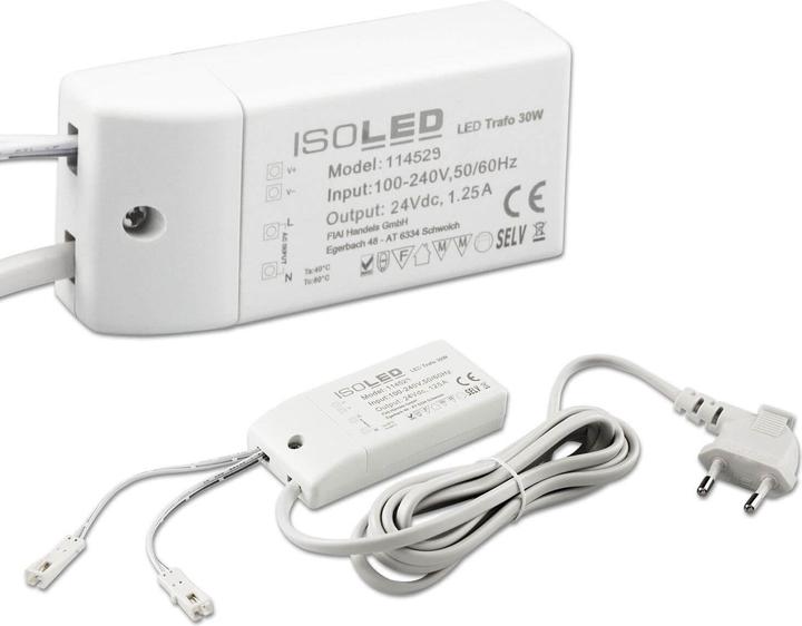 Image du produit Isoled Transformateur LED MiniAMP 24V/DC, 0-30W, câble de 200cm avec borne à lame, secondaire 2 prises
