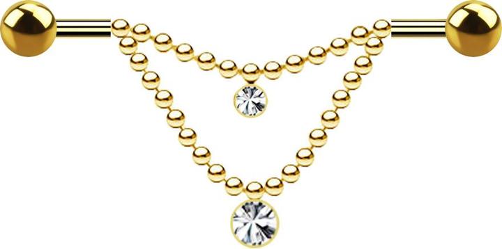 Image du produit Star Piercing Barbell plaqué or deux boules deux chaînes cristal sillber (Acier chirurgical 316L)