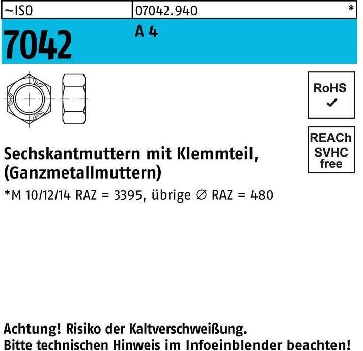 Productafbeelding Zeskantmoer ISO 7042 w.klemdeel M 16 A 4 (M16)