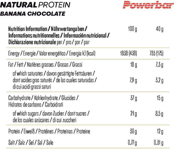 Nährwerte und Zutaten Powerbar Natural Protein (Banane, Schokolade, 18 Stk., 720 g)