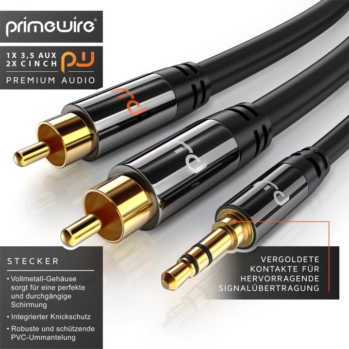 Produktbild Primewire Cinch zu 3,5mm Klinke Audio Kabel, Cinchkabel, RCA, AUX, Stereo HiFi Adapter mehrfach geschirmt (5 m, 3.5mm Klinke (AUX), Cinch)