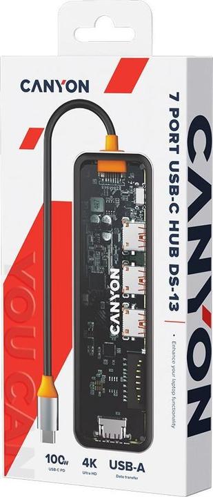 Produktbild Canyon DS-13, USB-hub, Size: 137.9mm*42.7mm*15mm Weight: 167.5gCable length: 155mm Material: Zinc (USB-C, 7 Ports)