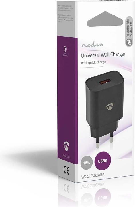 Actual product image Nedis Mains charger 18 W 1.5 2.0 3.0 A - Number of outputs: 1, USB-A, No cable included e (18 W)