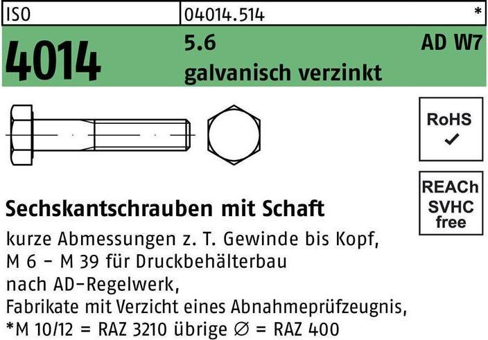 Image du produit Vis à tête hexagonale ISO 4014 avec tige M 36 x 140 5.6 W7 électro-galvanisée (5 Vis par pièce)