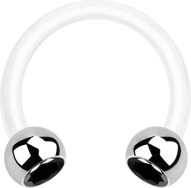 Star Piercing Micro Circular Barbell weiss mit zwei Kugeln silber Kristall schwarz (ohne Messing, Chirurgenstahl 316L, Bioflex)