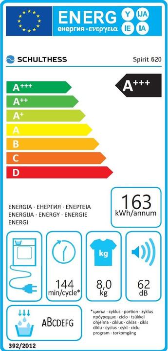 Label énergétique Schulthess Spirit 620 A+++ (8 kg, Modifiable)