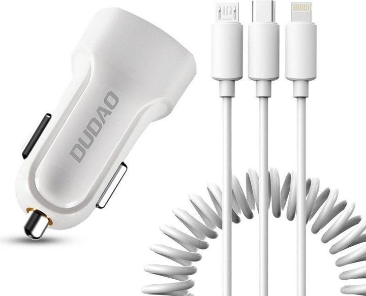 Image du produit Dudao car kit charger 2x USB 2.4A + cable USB 3in1 Lightning / Type C / micro USB cable white (R7 wh