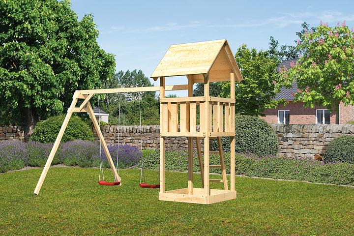Produktbild Akubi Karibu Kinderspielturm "Lotti" SET aus nordischer Fichte, naturbelassen mit Schaukelanbau Doppel
