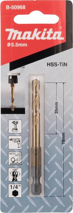 Actual product image Makita Punta metallo HSS-TiN con codolo esagonale 1/4" (5, 50 mm)
