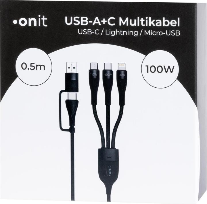 Actual product image Onit USB 2.0 cable USB A/USB C - Lightning/Micro-USB B/USB C (0.50 m, USB 2.0)