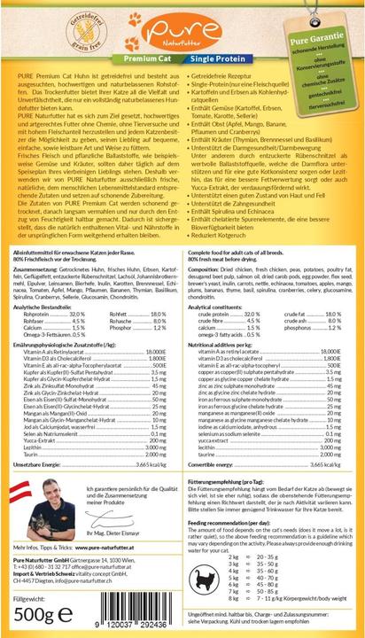 Nährwerte und Zutaten Pure Naturfutter Premium Cat Single-Protein getreidefrei Huhn (Adult, 1 Stk., 500 g)