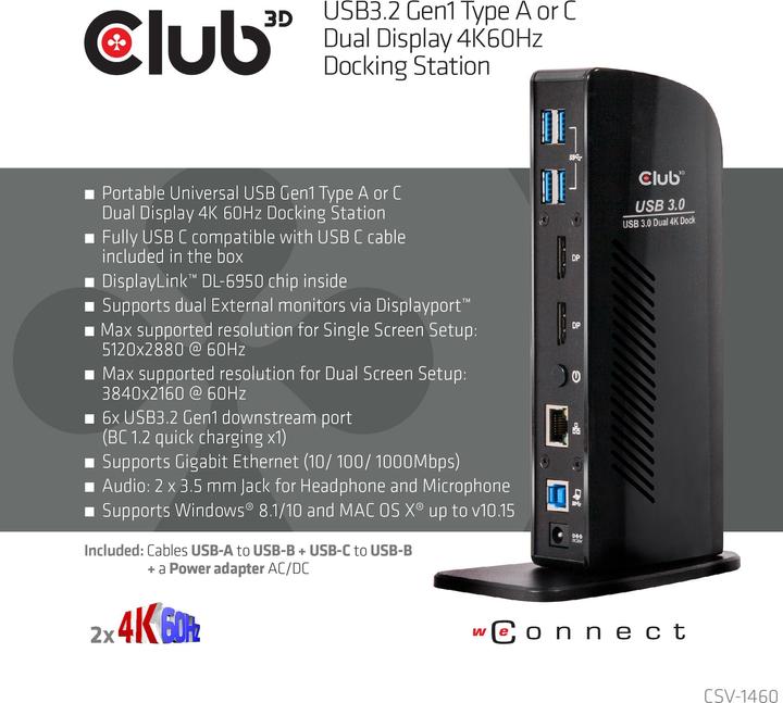Produktbild Club 3D Dual Display Docking Station 4K60Hz (USB-B, 6 Ports)