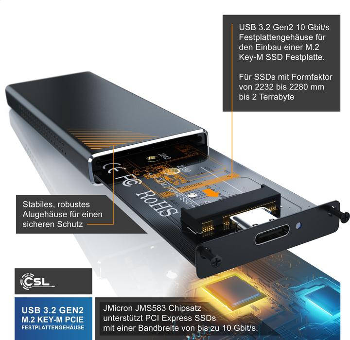 Produktbild CSL Festplatten Gehäuse, M.2 Key-M PCIe Festplattengehäuse extern USB 3.2 für NVME M.2 SSDs, UASP (M.2)