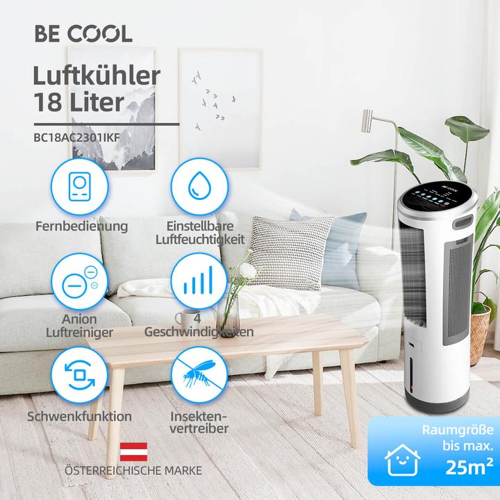 Image du produit Be Cool BC18AC2301IKF Refroidisseur d'air avec réservoir d'eau de 18L et système anti-moustiques (25 m²)