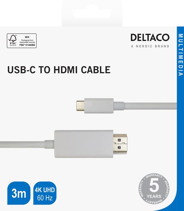 Image du produit Deltaco Câble USB-C - HDMI 4K UHD, connecteurs plaqués or, 3m, blanc (3 m, HDMI)