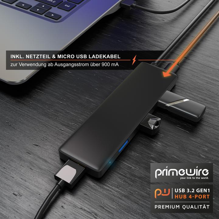 Produktbild Primewire 4-Port aktiver Ultra Slim USB 3.2 Hub Verteiler mit Netzteil (Micro USB, USB-A, 4 Ports)