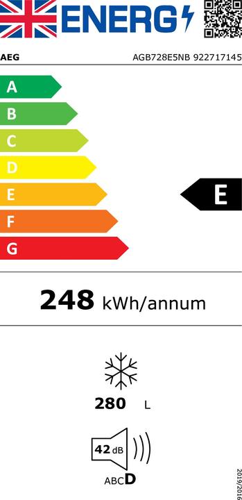 Label énergétique AEG AGB728E5NB diepvriezer Staand Vrijstaand 280 l E Noir, Grijs, Roestvrijstaal (Autonome, 280 l)