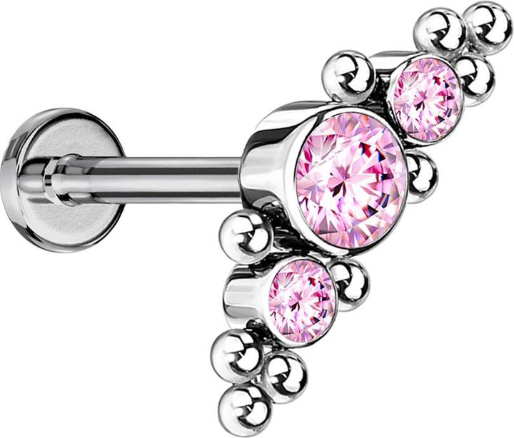 Immagine prodotto Star Piercing Micro Threadless Labret argento con palline e tre cristalli rosa (senza ottone, Titanio G23)