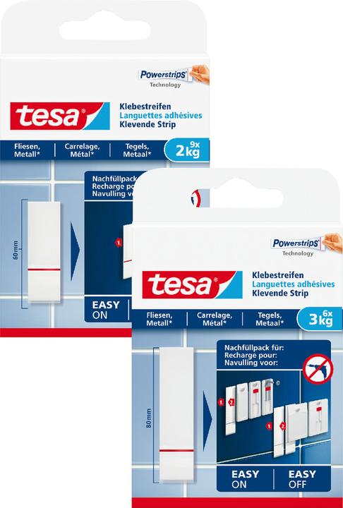 Produktbild tesa Powerstrips für Fliesen & Metall, 2kg Halteleistung, 9x doppelseitige Klebestreifen