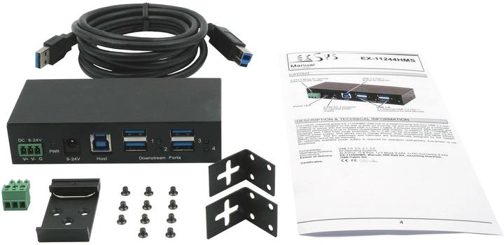 Immagine prodotto Exsys HUB USB 3.2 Gen 1 a 4 porte con alloggiamento in metallo, cavo USB 3.0 incluso, guida DIN e (USB-B, 4 Porti)