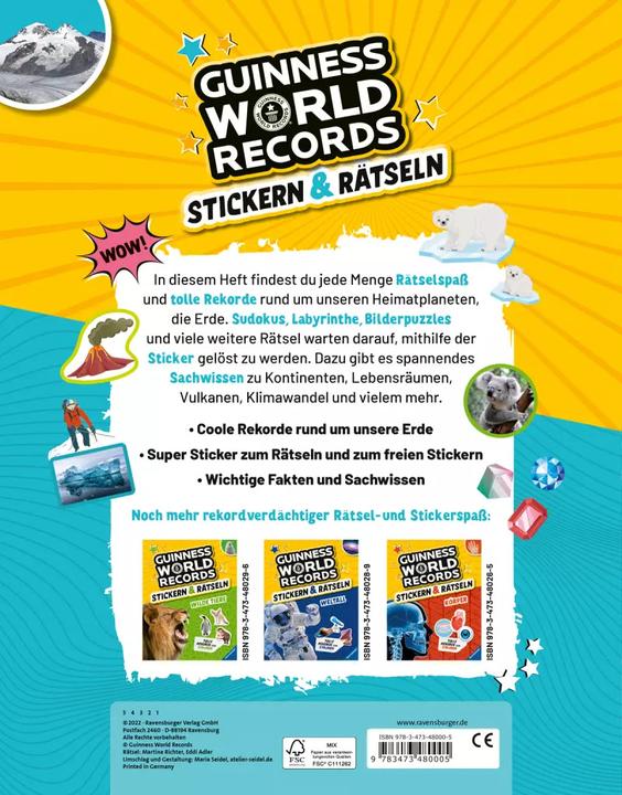Produktbild Ravensburger Guinness World Records Stickern und Rätseln: Planet Erde (Deutsch, Eddi Adler, Martine Richter, 2022)